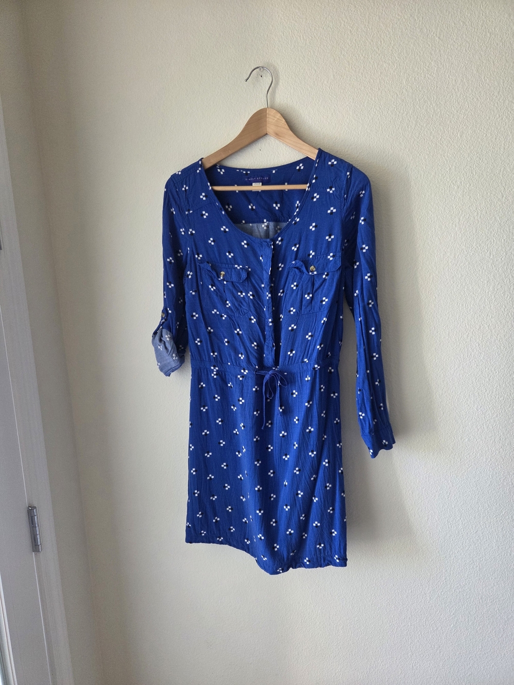 Simply Styled Royal Blue Geometric Drawstring Shirt Dress Rayon Sz M VTG Y2K